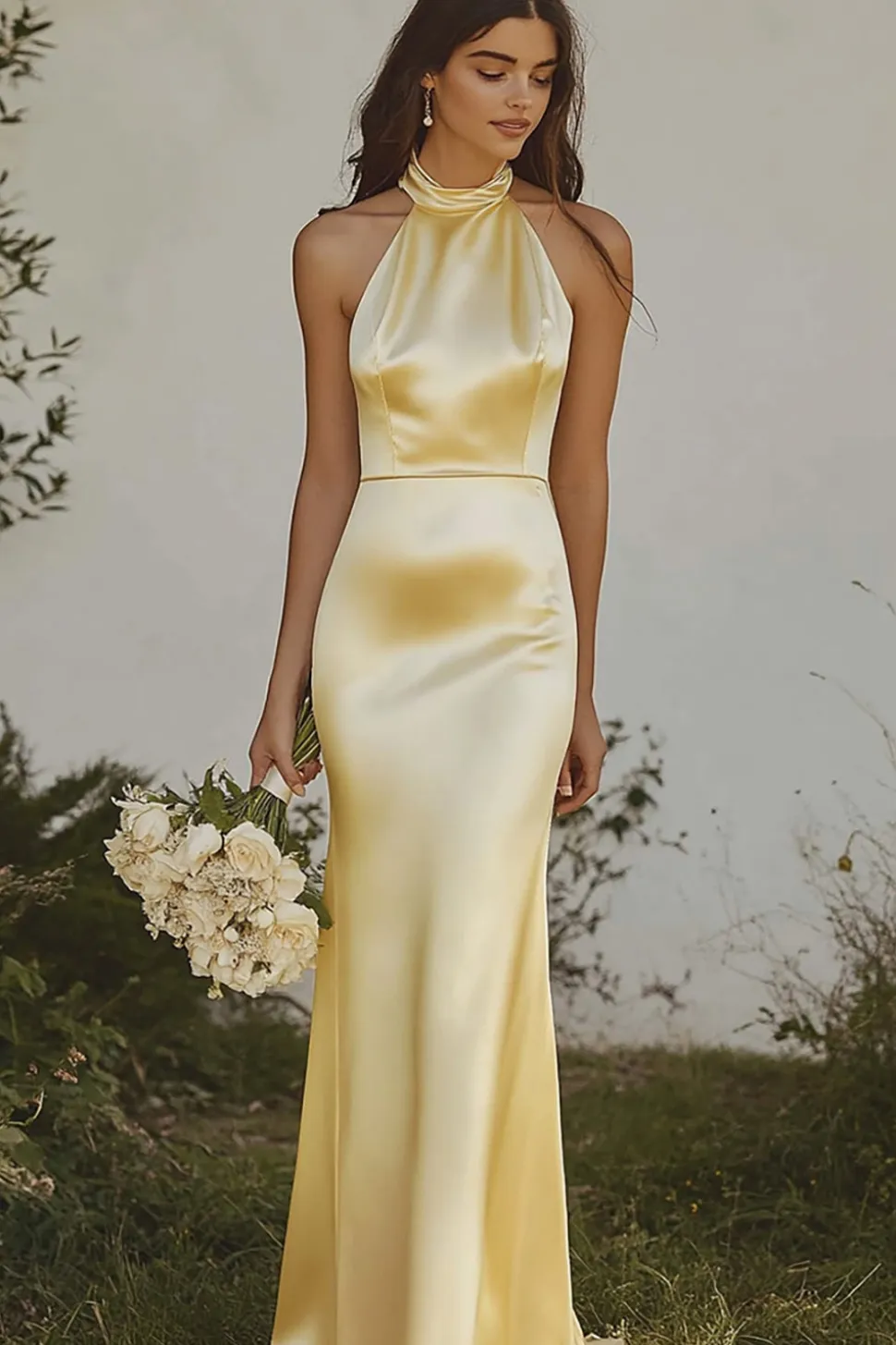 Amarelo Claro Cabeçada Sereia Cetim Longo Vestidos Cerimónia