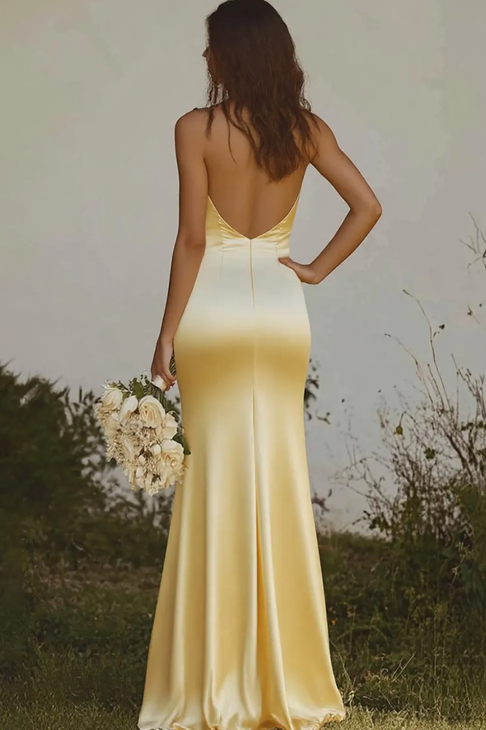 Amarelo Claro Cabeçada Sereia Cetim Longo Vestidos Cerimónia