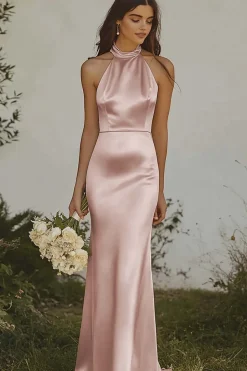 Amarelo Claro Cabeçada Sereia Cetim Longo Vestidos Cerimónia