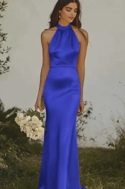 Amarelo Claro Cabeçada Sereia Cetim Longo Vestidos Cerimónia