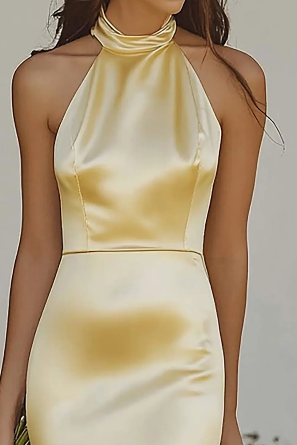 Amarelo Claro Cabeçada Sereia Cetim Longo Vestidos Cerimónia