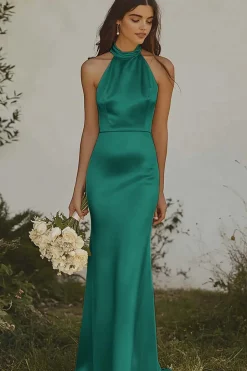 Amarelo Claro Cabeçada Sereia Cetim Longo Vestidos Cerimónia