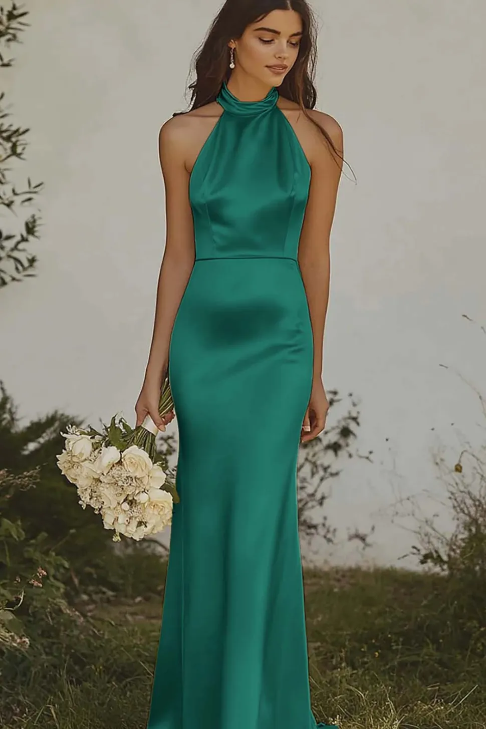 Amarelo Claro Cabeçada Sereia Cetim Longo Vestidos Cerimónia
