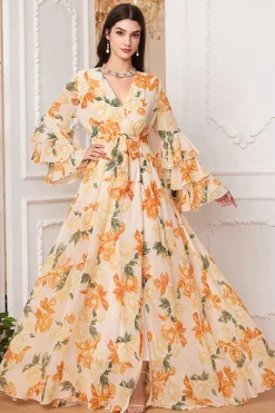 Amarelo Floral Chiffon A-Line V-neck mangas longas vestido de baile longo