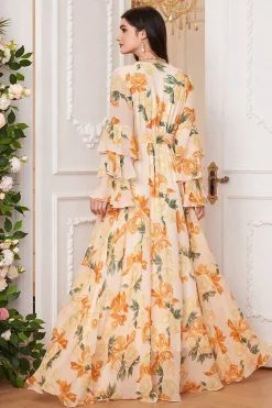 Amarelo Floral Chiffon A-Line V-neck mangas longas vestido de baile longo