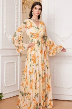 Amarelo Floral Chiffon A-Line V-neck mangas longas vestido de baile longo
