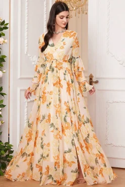Amarelo Floral Chiffon A-Line V-neck mangas longas vestido de baile longo