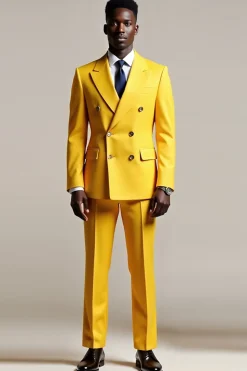 Amarelo Peak Lapel Duplo Peito Masculino Fato de Festa