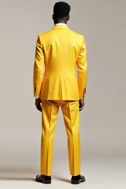 Amarelo Peak Lapel Duplo Peito Masculino Fato de Festa