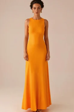 Amarelo pescoço redondo mangas longo vestido de noite
