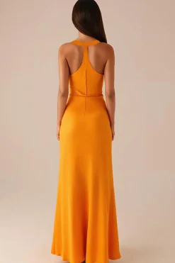 Amarelo pescoço redondo mangas longo vestido de noite