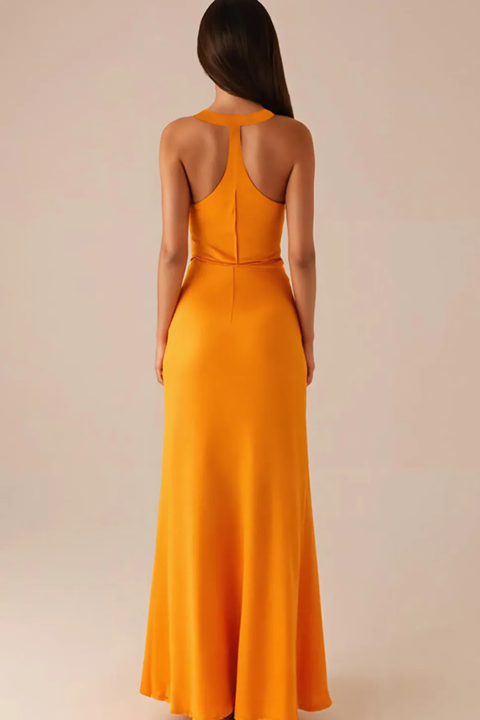 Amarelo pescoço redondo mangas longo vestido de noite