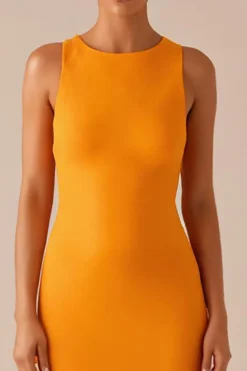 Amarelo pescoço redondo mangas longo vestido de noite
