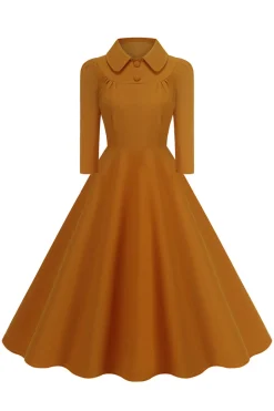 Amarelo Peter Pan Collar mangas compridas A-Line Midi 1950s vestido
