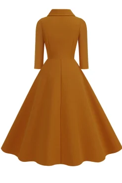 Amarelo Peter Pan Collar mangas compridas A-Line Midi 1950s vestido