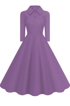 Amarelo Peter Pan Collar mangas compridas A-Line Midi 1950s vestido