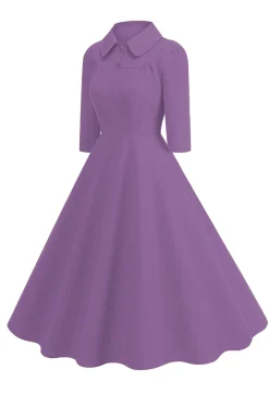 Amarelo Peter Pan Collar mangas compridas A-Line Midi 1950s vestido