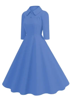 Amarelo Peter Pan Collar mangas compridas A-Line Midi 1950s vestido