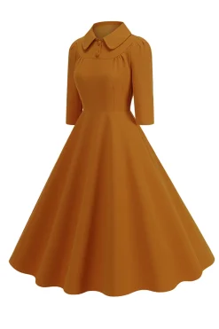 Amarelo Peter Pan Collar mangas compridas A-Line Midi 1950s vestido