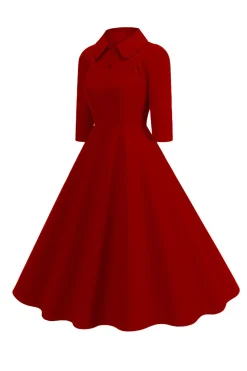 Amarelo Peter Pan Collar mangas compridas A-Line Midi 1950s vestido