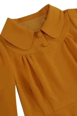 Amarelo Peter Pan Collar mangas compridas A-Line Midi 1950s vestido