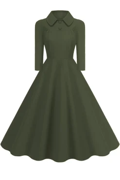 Amarelo Peter Pan Collar mangas compridas A-Line Midi 1950s vestido