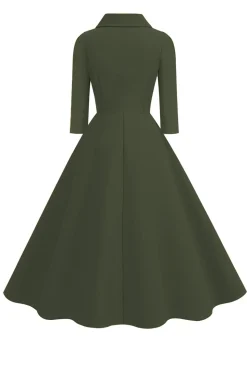 Amarelo Peter Pan Collar mangas compridas A-Line Midi 1950s vestido