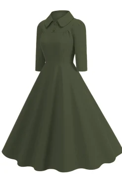 Amarelo Peter Pan Collar mangas compridas A-Line Midi 1950s vestido