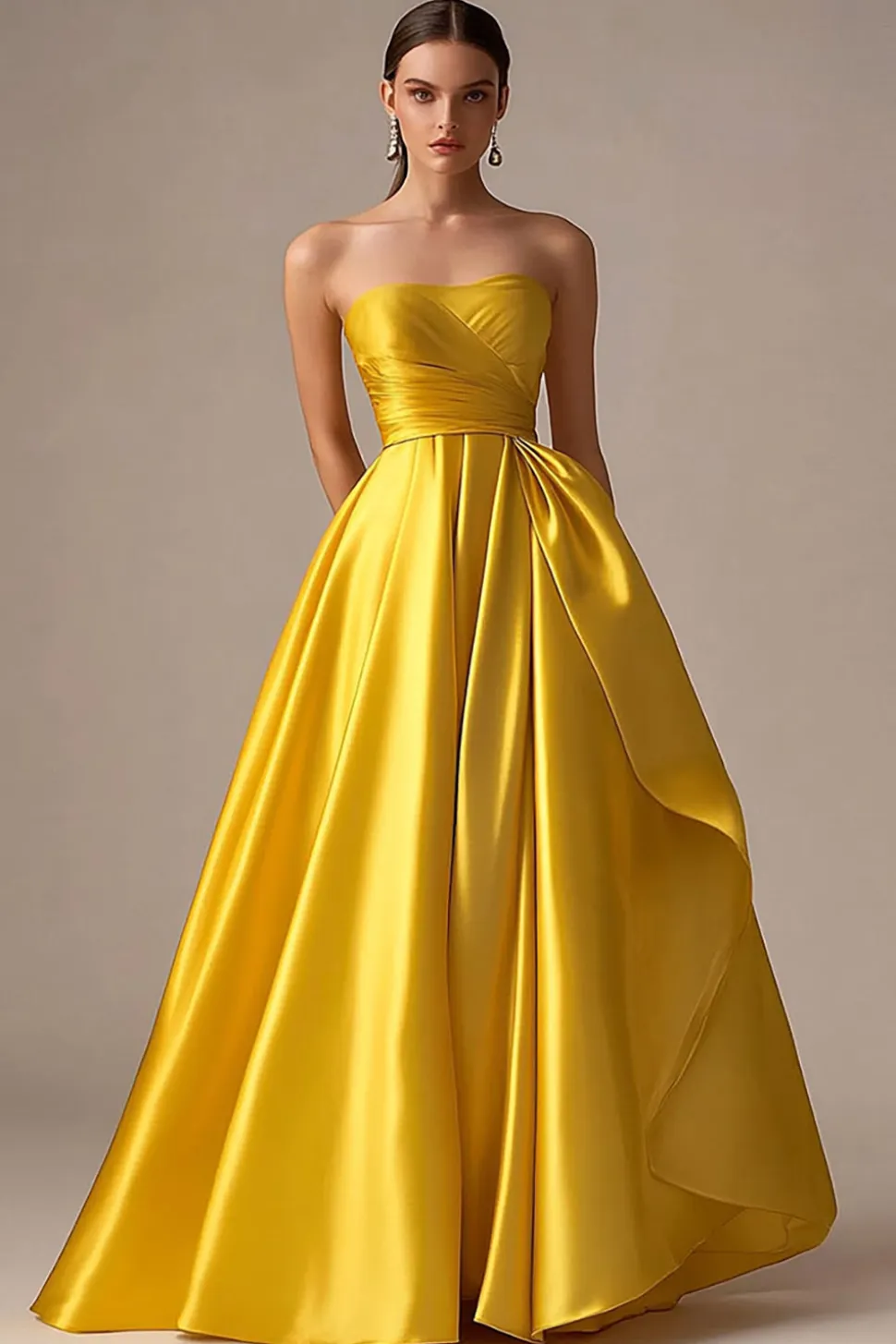 Amarelo Sem Alças Linha-A Cetim Longo Vestido De Baile