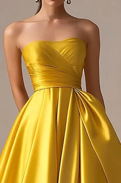 Amarelo Sem Alças Linha-A Cetim Longo Vestido De Baile
