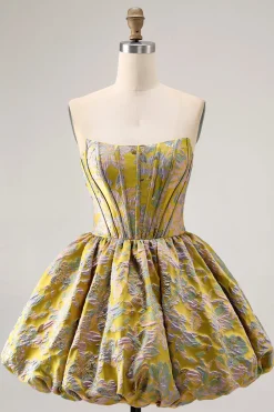 Amarelo Strapless Fit e Flare Brocade A-Line Vestido Curto Homecoming