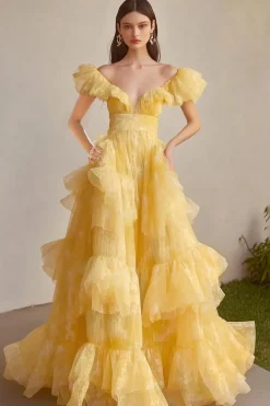 Amarelo Uma linha fora do ombro babados vestido formal