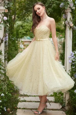 Amarelo Vestido de Baile Cintas de Espaguete