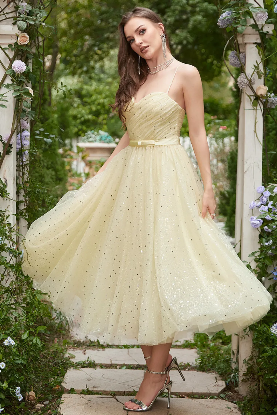 Amarelo Vestido de Baile Cintas de Espaguete