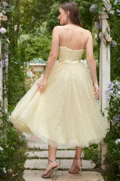 Amarelo Vestido de Baile Cintas de Espaguete