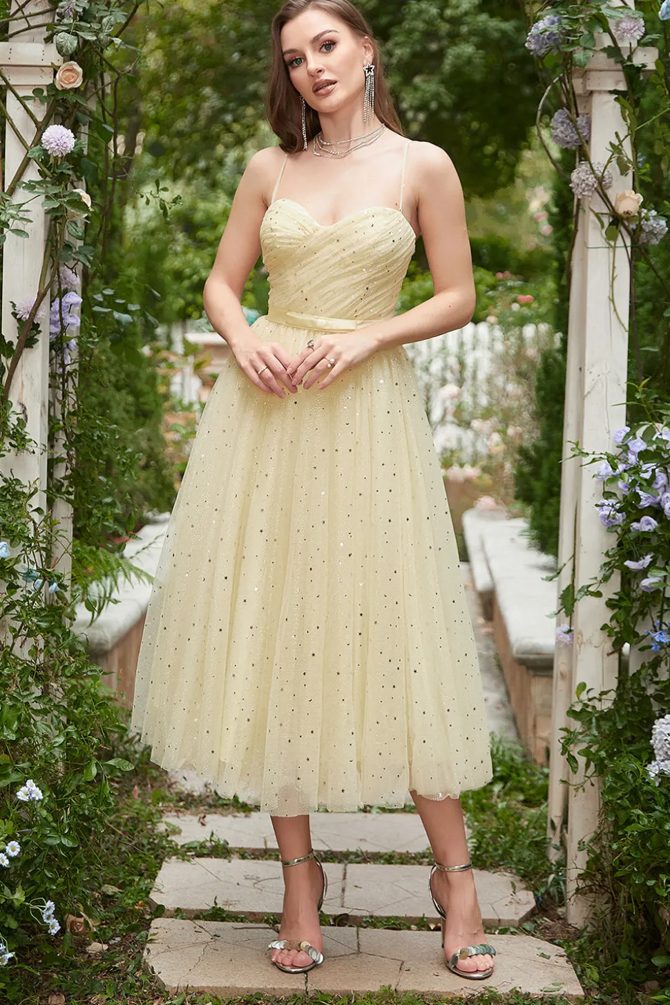 Amarelo Vestido de Baile Cintas de Espaguete