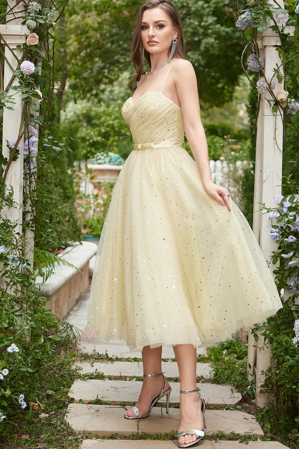 Amarelo Vestido de Baile Cintas de Espaguete