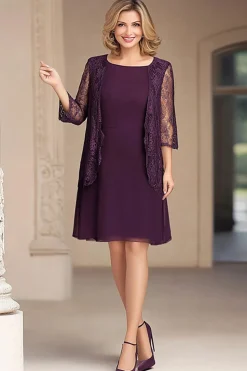 Ameixa elegante pescoço quadrado A-Line Chiffon Long mãe do vestido da noiva