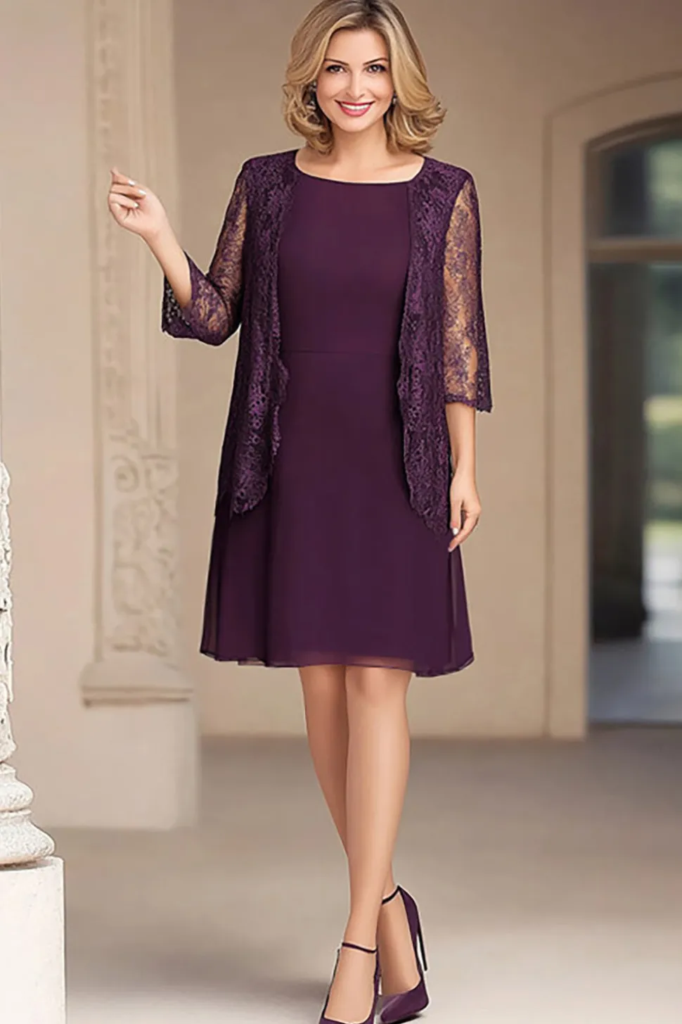 Ameixa elegante pescoço quadrado A-Line Chiffon Long mãe do vestido da noiva