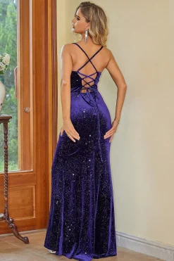 Ameixa Esparguete Alças Sereia Veludo Longo Espartilho Vestido Formal