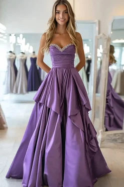 Ameixa Tafetá Querida Uma Linha Folhos Plissado Vestido Longo Baile