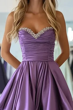 Ameixa Tafetá Querida Uma Linha Folhos Plissado Vestido Longo Baile
