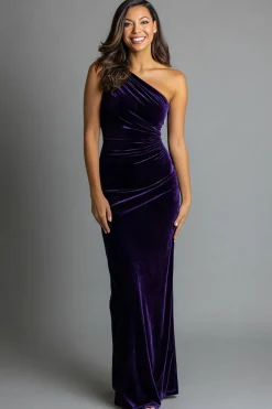Ameixa Um Ombro Bainha Veludo Vestido Formal Longo