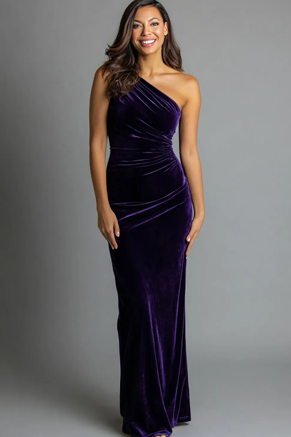 Ameixa Um Ombro Bainha Veludo Vestido Formal Longo