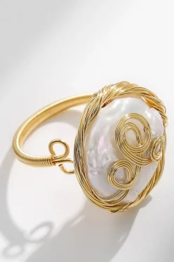 Anel de pérola ajustável de água doce natural dourado