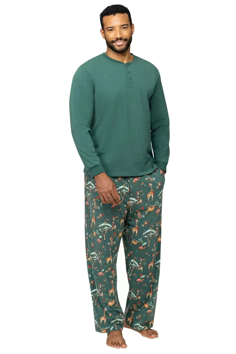 Animal Print Verde Escuro Combinando Conjunto de Pijamas