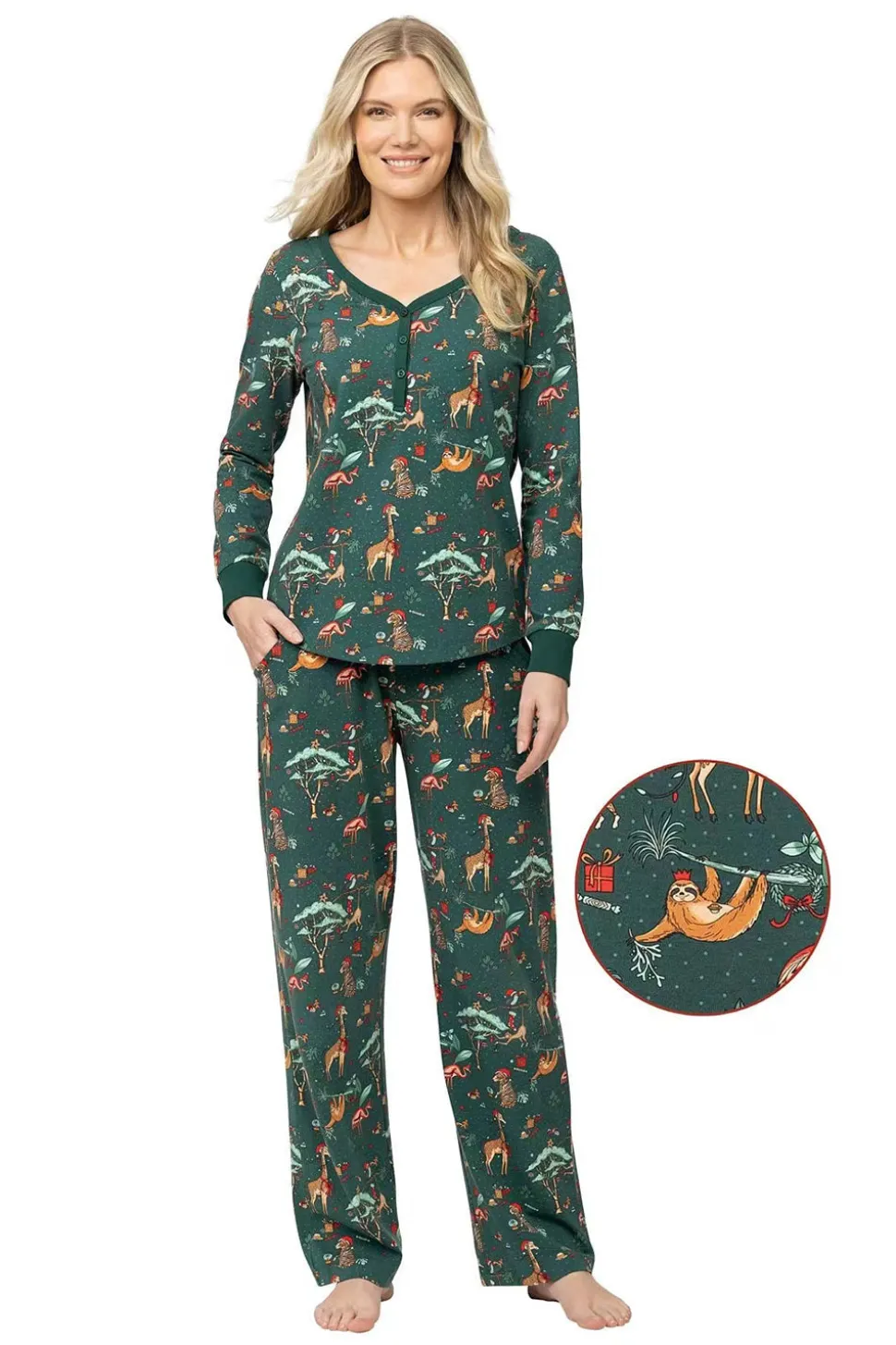 Animal Print Verde Escuro Combinando Conjunto de Pijamas