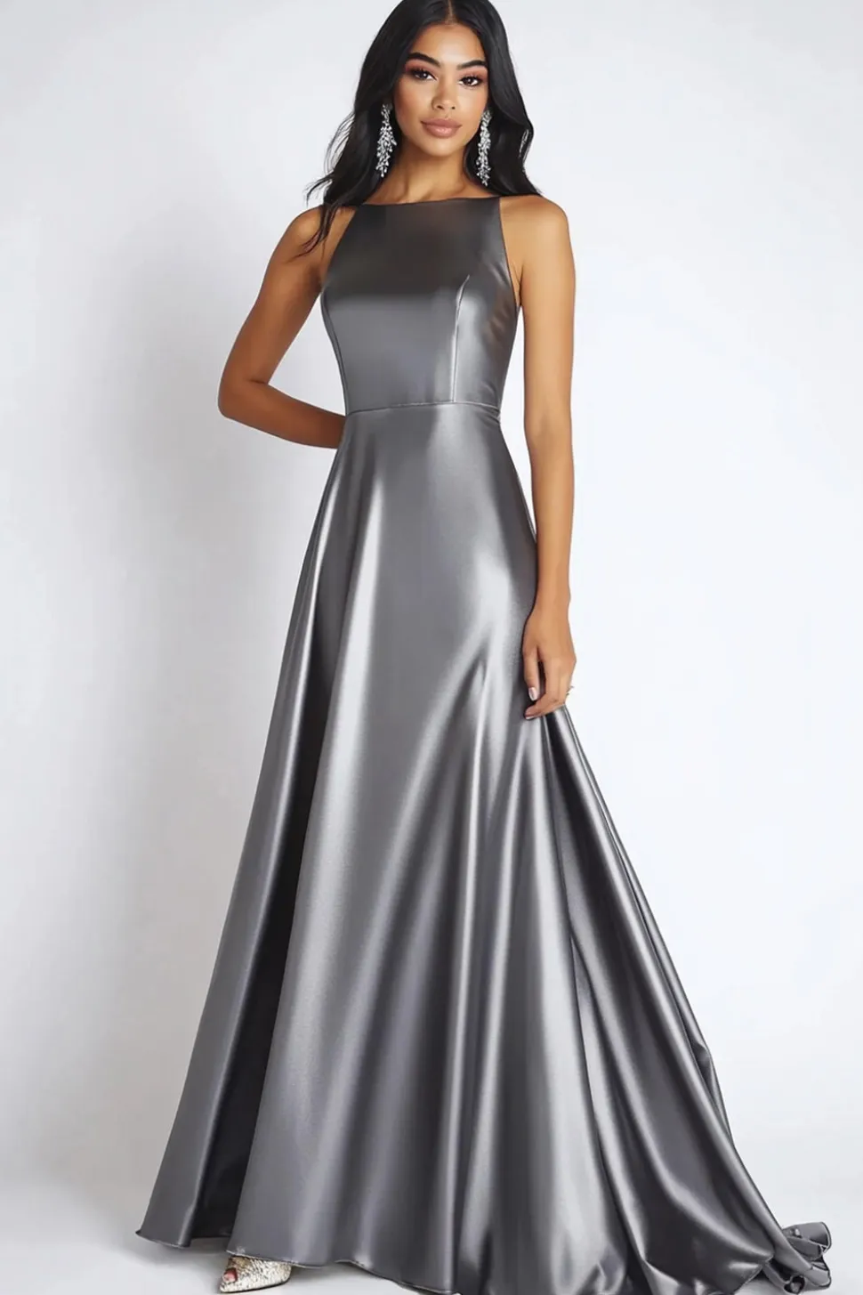 Aço cinza cetim barco pescoço uma linha longo vestido formal