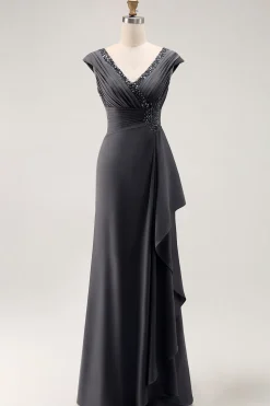Aço Cinza Sereia Ruffle Chiffon Mãe do Vestido da Noiva