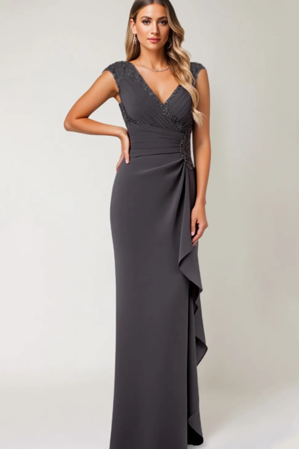 Aço Cinza Sereia Ruffle Chiffon Mãe do Vestido da Noiva
